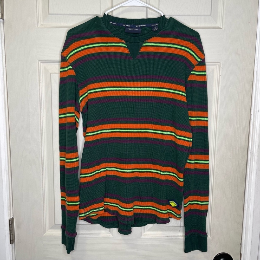 Scotch & Soda Men’s Green And Orange long-sleeve striped waffle-knit shirt Sz S